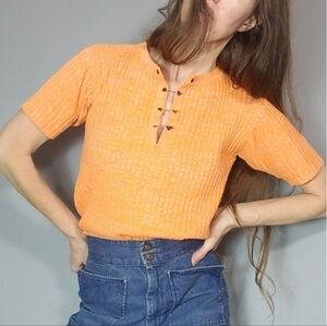 Vintage 70s Knit Lace Up Top M